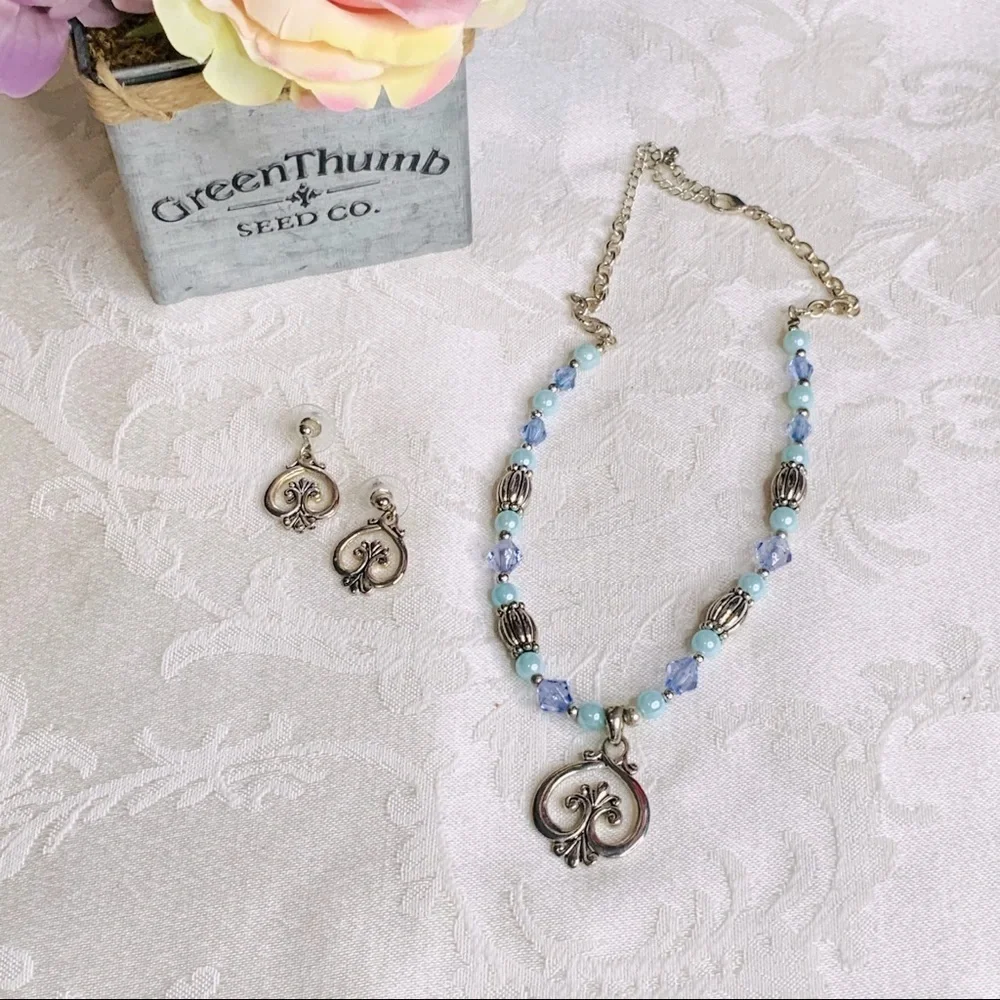 Blue Pearl, Lavender/Silver Bead Heart Necklace 16”-18” & 1” Earrings